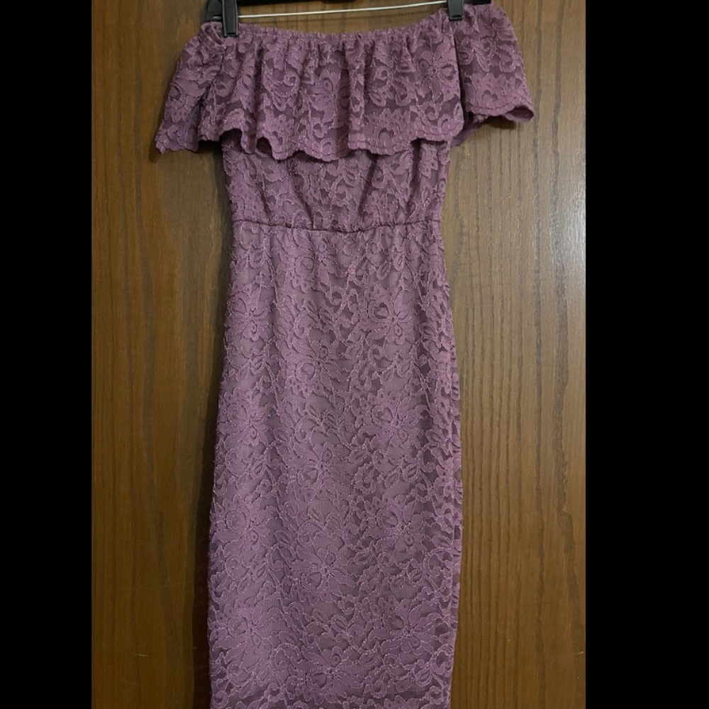 Purple, off-the-shoulder, midi length, lace dress